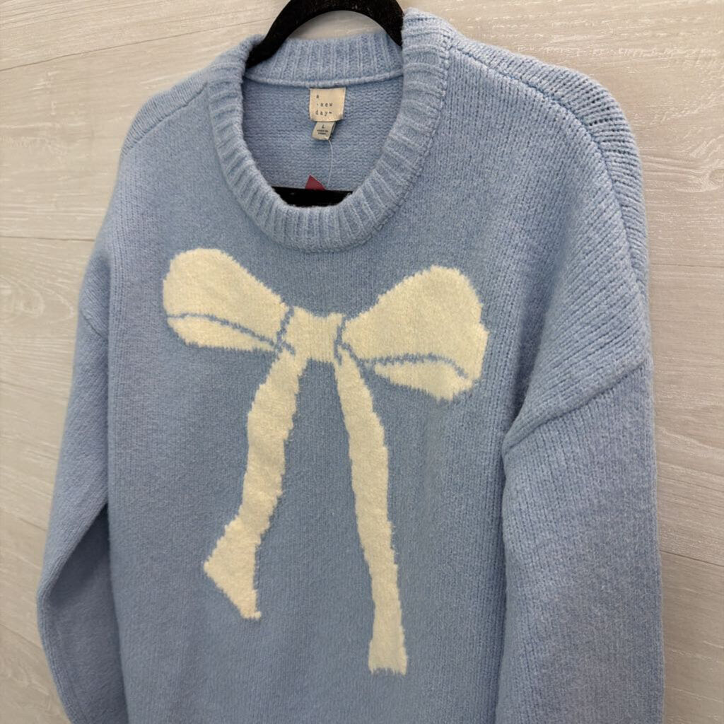 Blue/ White Bow Knit Long Sleeve Sweater Top Large