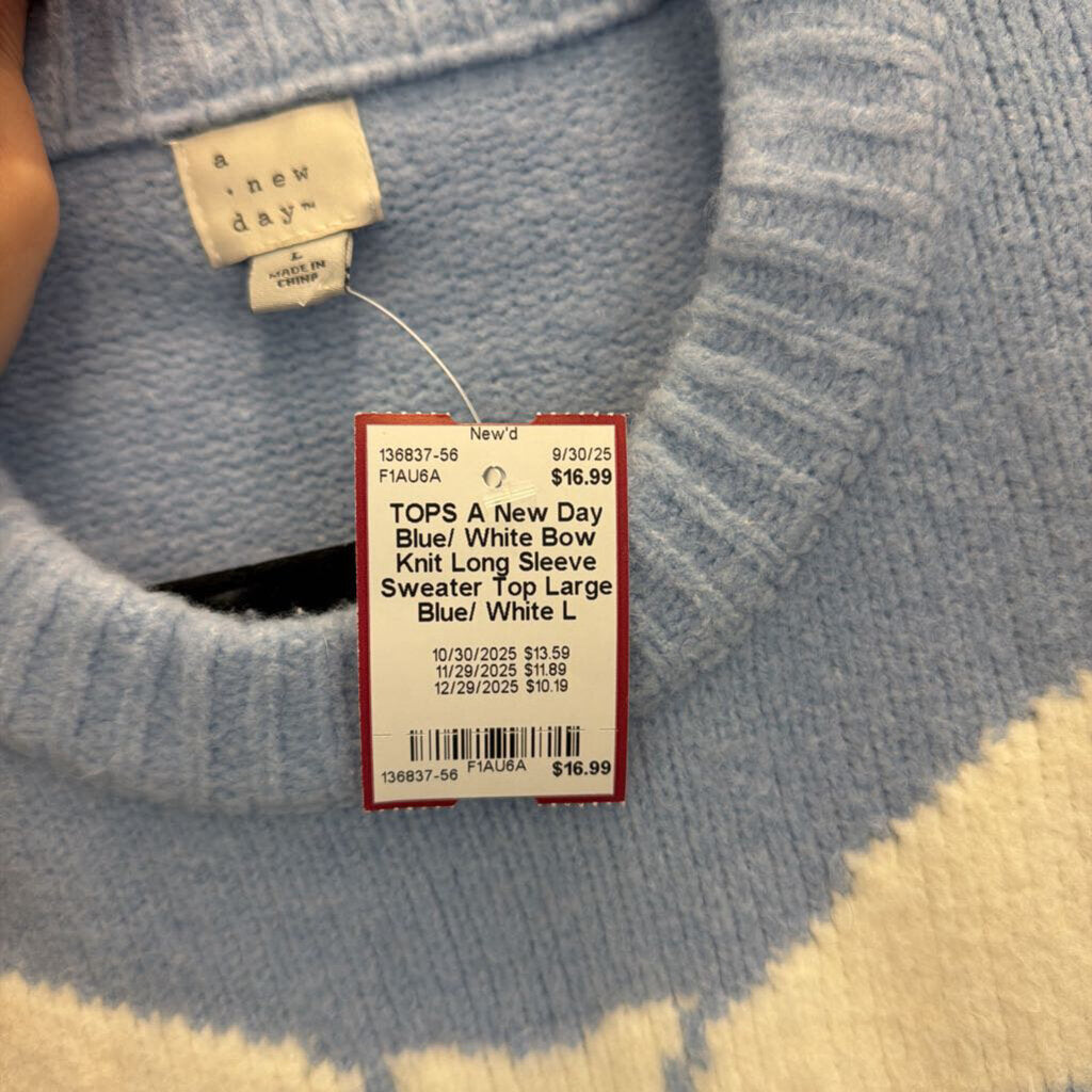 Blue/ White Bow Knit Long Sleeve Sweater Top Large
