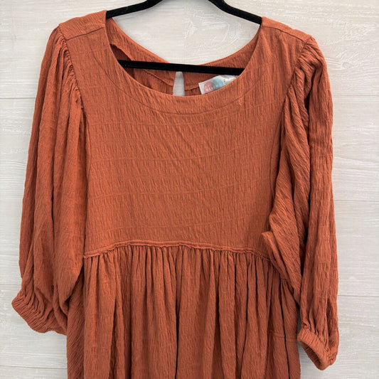 FP Beach Burnt Orange Textured Long Sleeve Baby Doll Dress Small