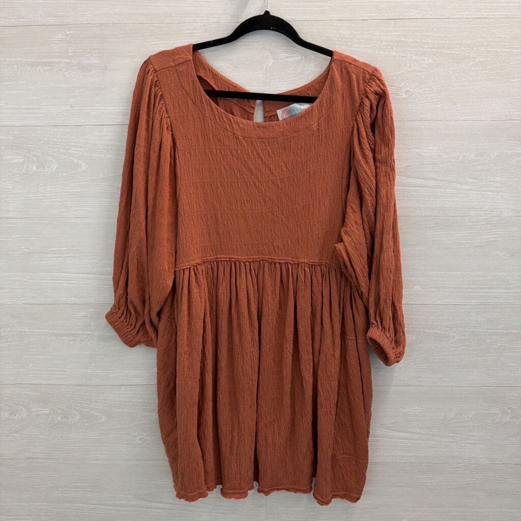 FP Beach Burnt Orange Textured Long Sleeve Baby Doll Dress Small