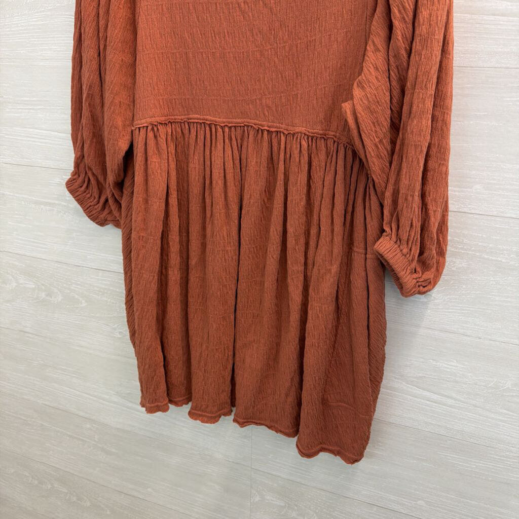 FP Beach Burnt Orange Textured Long Sleeve Baby Doll Dress Small