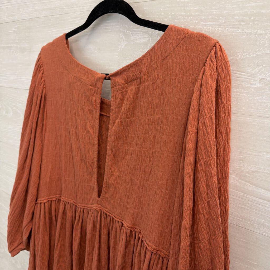 FP Beach Burnt Orange Textured Long Sleeve Baby Doll Dress Small
