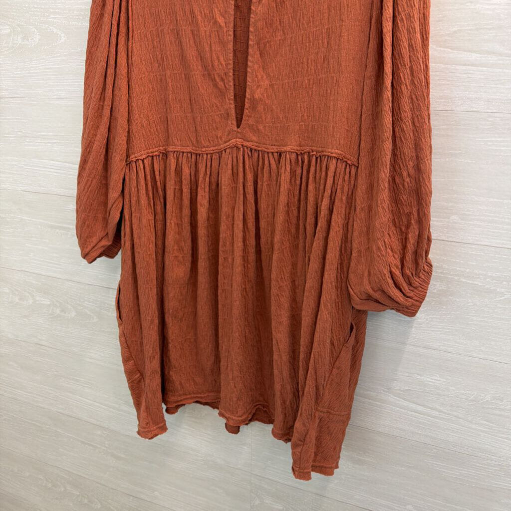 FP Beach Burnt Orange Textured Long Sleeve Baby Doll Dress Small