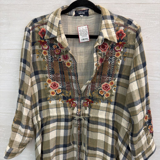 Johnny Was Workshop Cream/ Green/ Blue Plaid Embroidered Flower Long Sleeve Button Front Tunic Top Medium