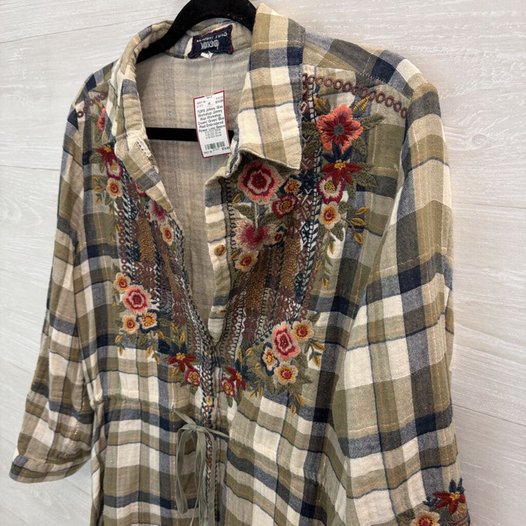 Johnny Was Workshop Cream/ Green/ Blue Plaid Embroidered Flower Long Sleeve Button Front Tunic Top Medium
