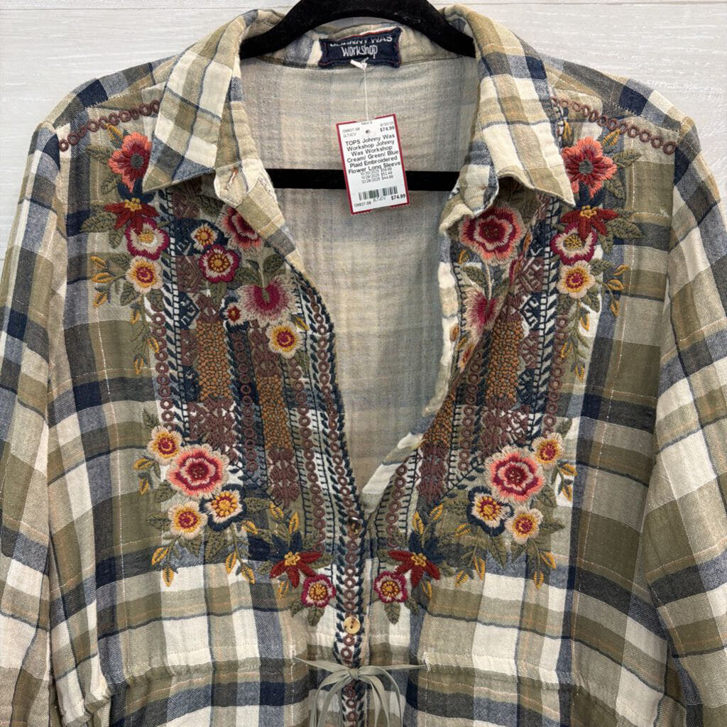 Johnny Was Workshop Cream/ Green/ Blue Plaid Embroidered Flower Long Sleeve Button Front Tunic Top Medium