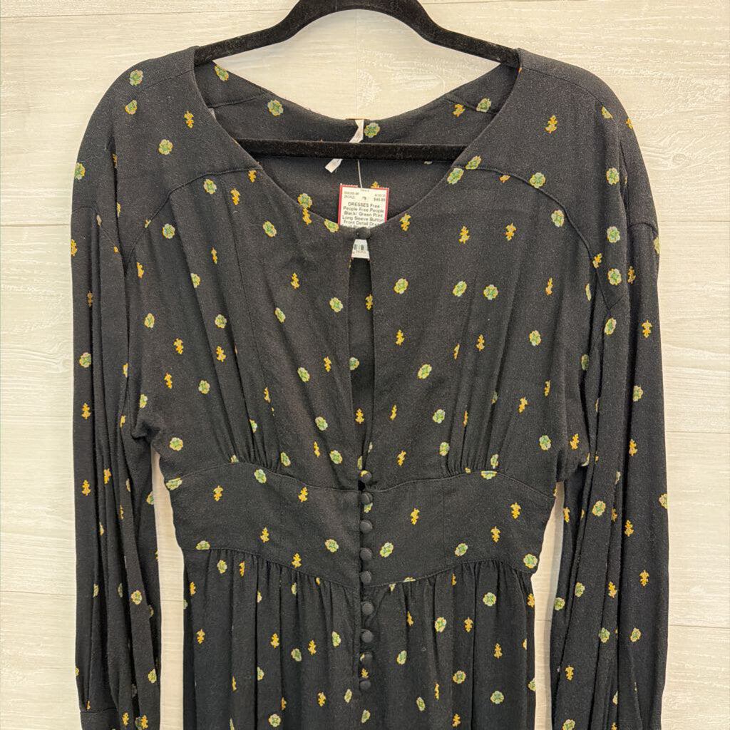 Free People Black/ Green Print Long Sleeve Button Front Detail Romper Small