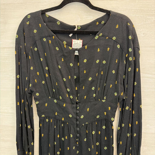Free People Black/ Green Print Long Sleeve Button Front Detail Romper Small
