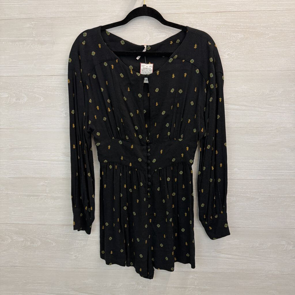 Free People Black/ Green Print Long Sleeve Button Front Detail Romper Small