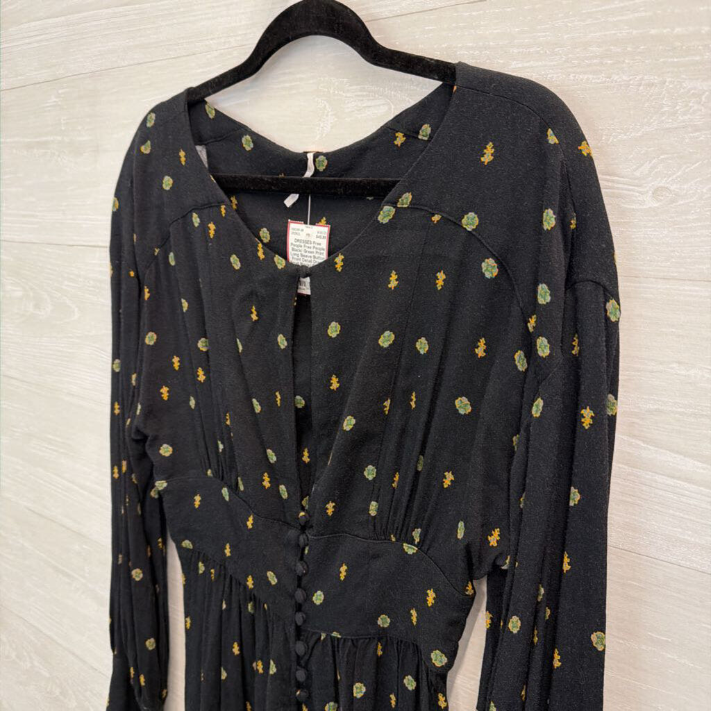 Free People Black/ Green Print Long Sleeve Button Front Detail Romper Small