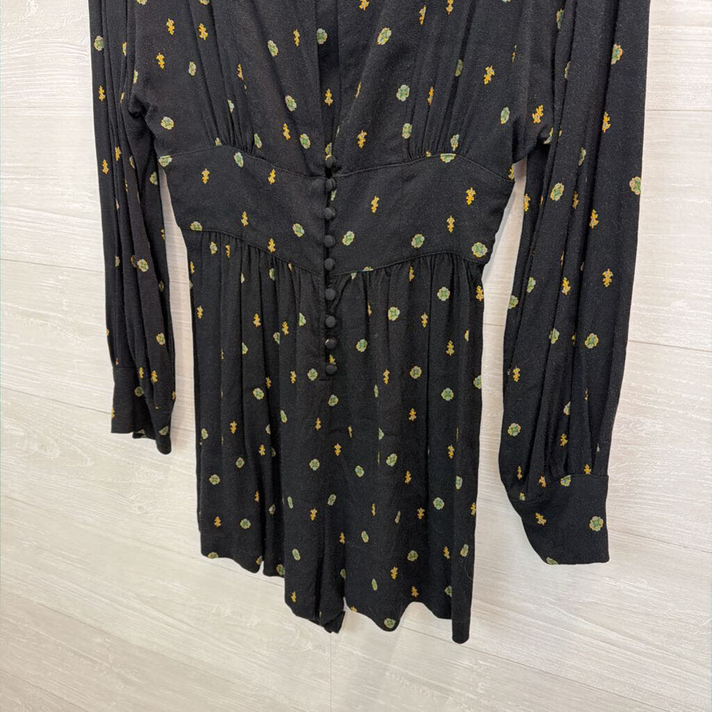 Free People Black/ Green Print Long Sleeve Button Front Detail Romper Small
