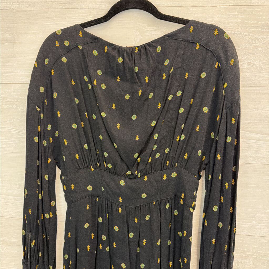 Free People Black/ Green Print Long Sleeve Button Front Detail Romper Small