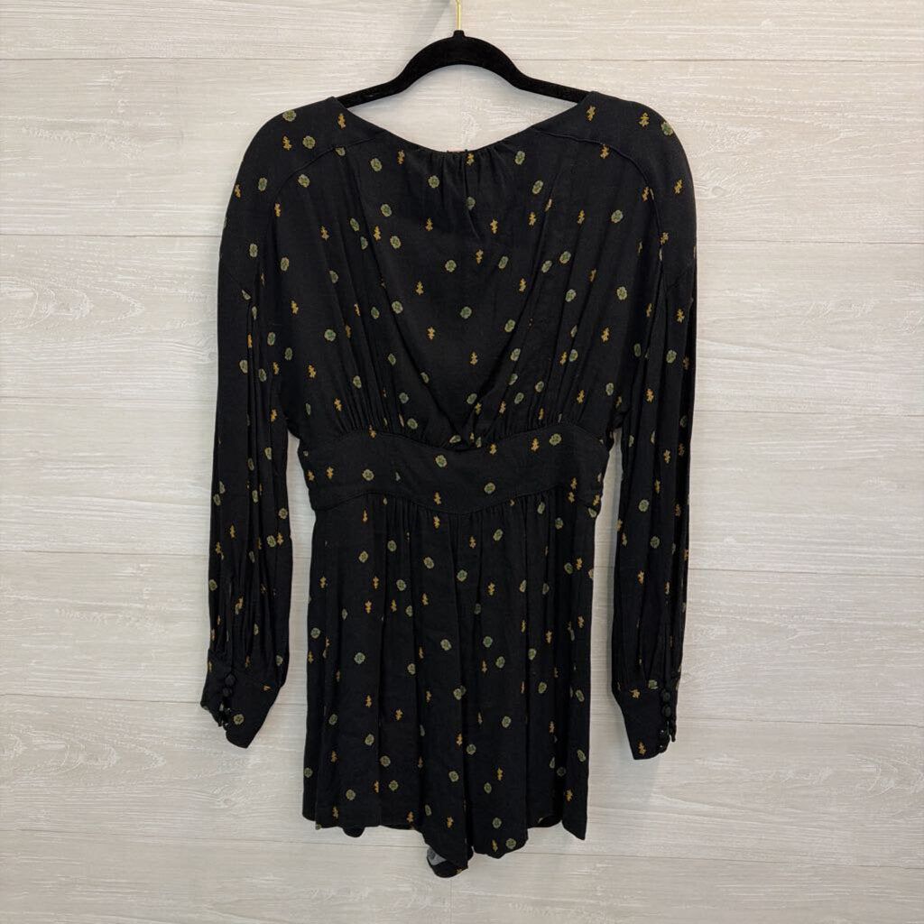 Free People Black/ Green Print Long Sleeve Button Front Detail Romper Small
