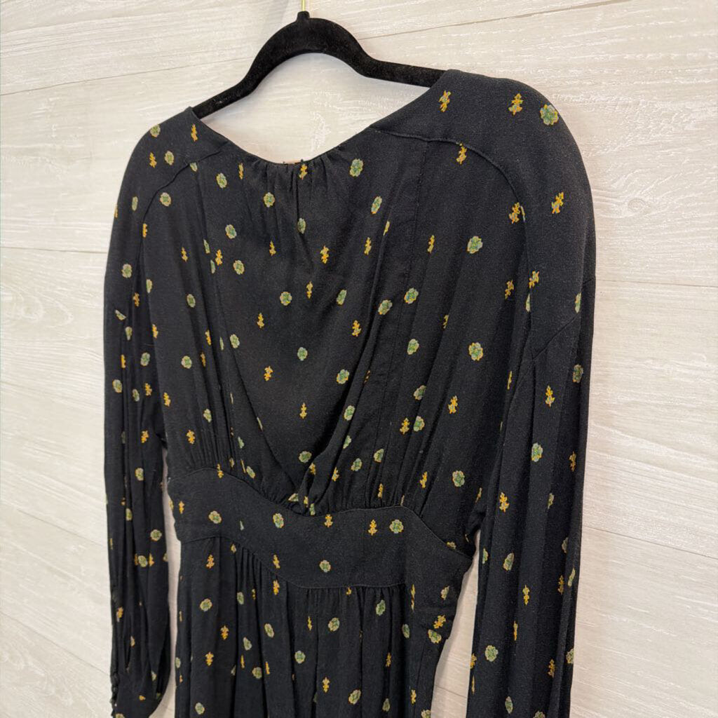 Free People Black/ Green Print Long Sleeve Button Front Detail Romper Small
