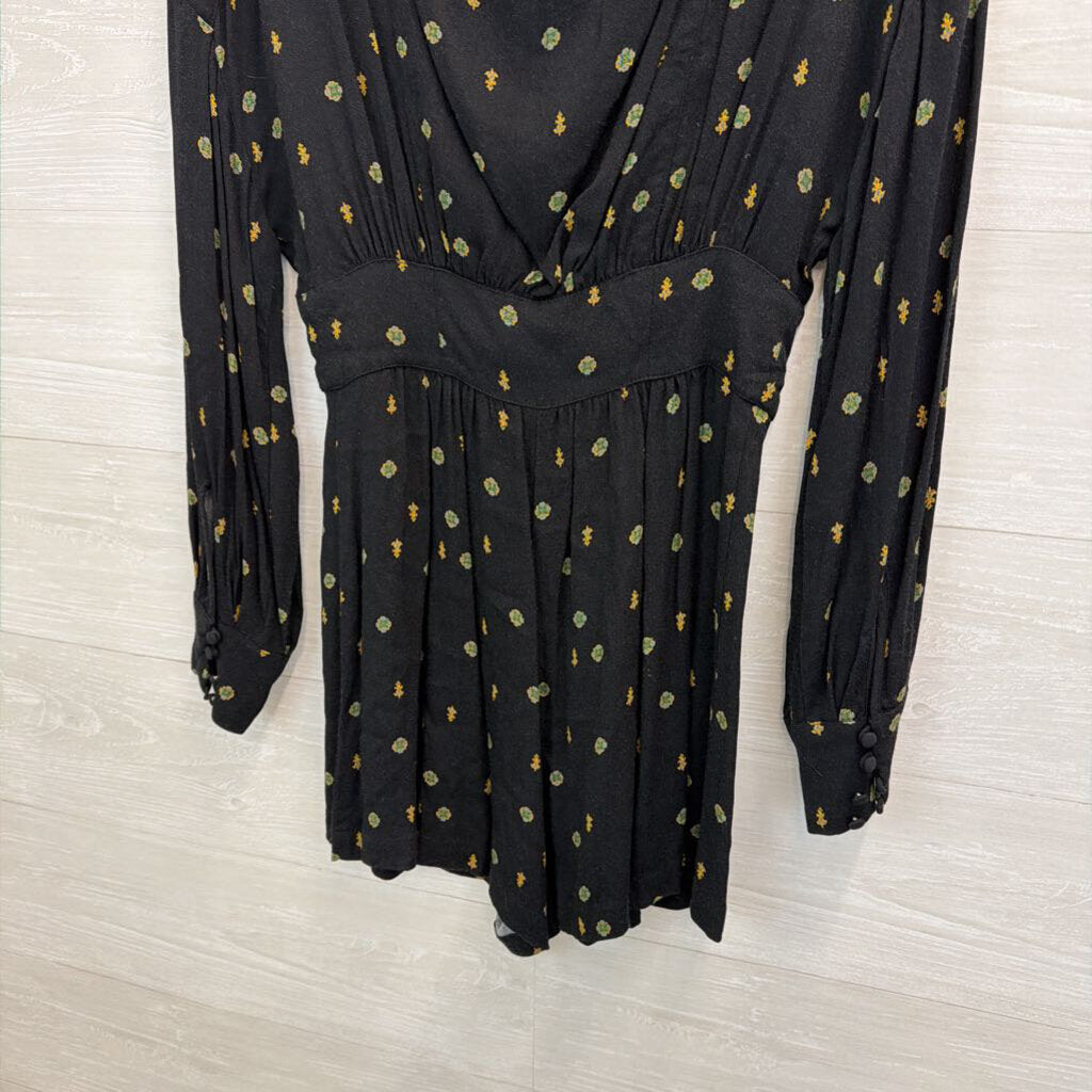 Free People Black/ Green Print Long Sleeve Button Front Detail Romper Small