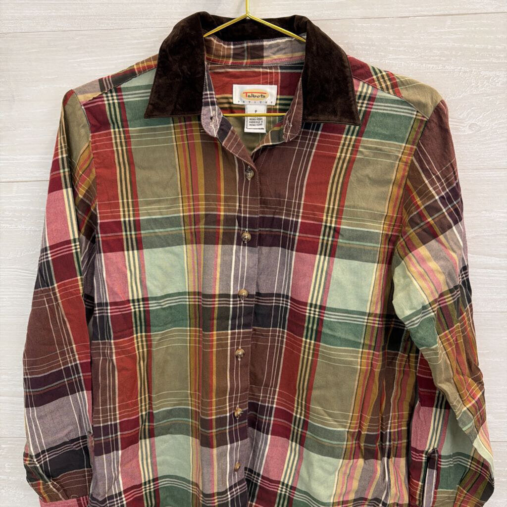 Talbots Brown Plaid Button Down Top Small Petite
