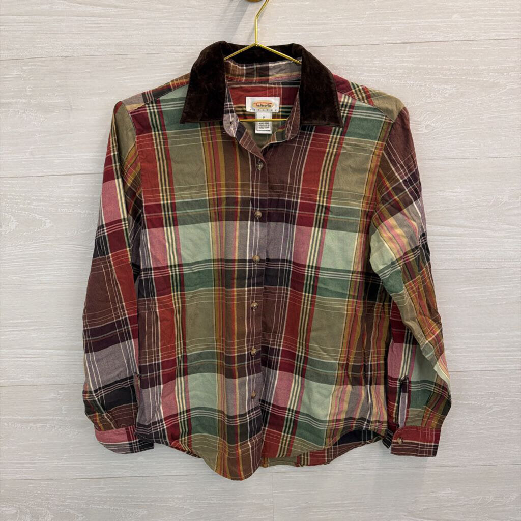 Talbots Brown Plaid Button Down Top Small Petite
