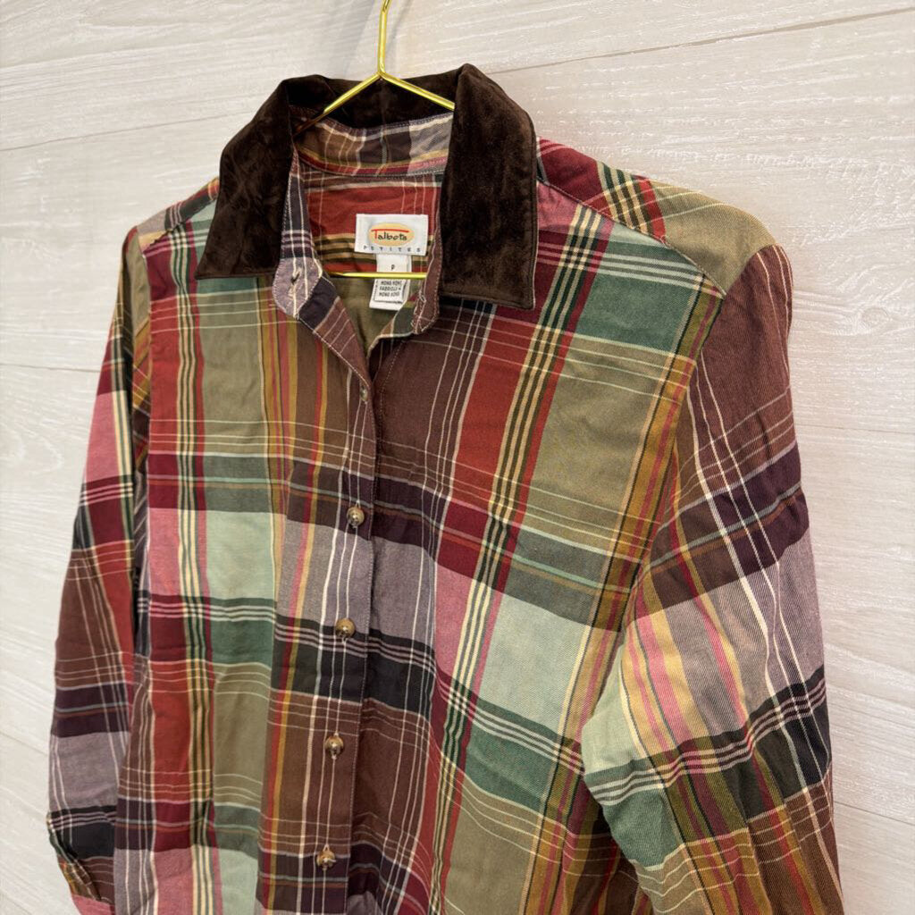 Talbots Brown Plaid Button Down Top Small Petite