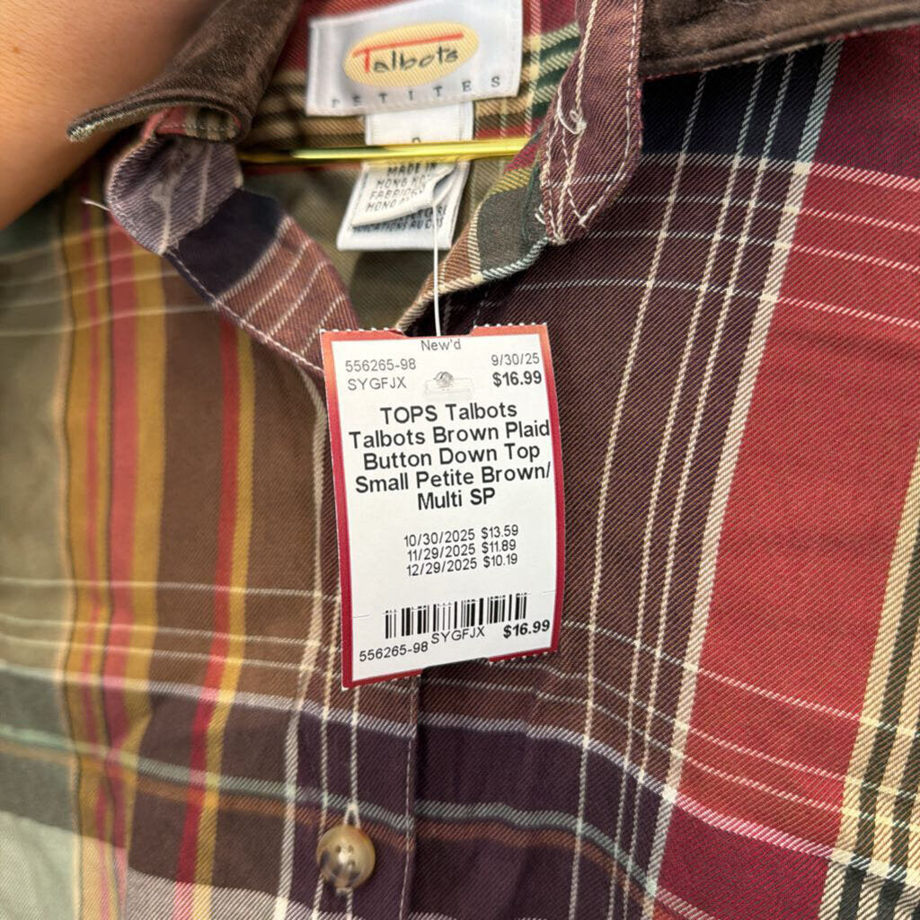 Talbots Brown Plaid Button Down Top Small Petite