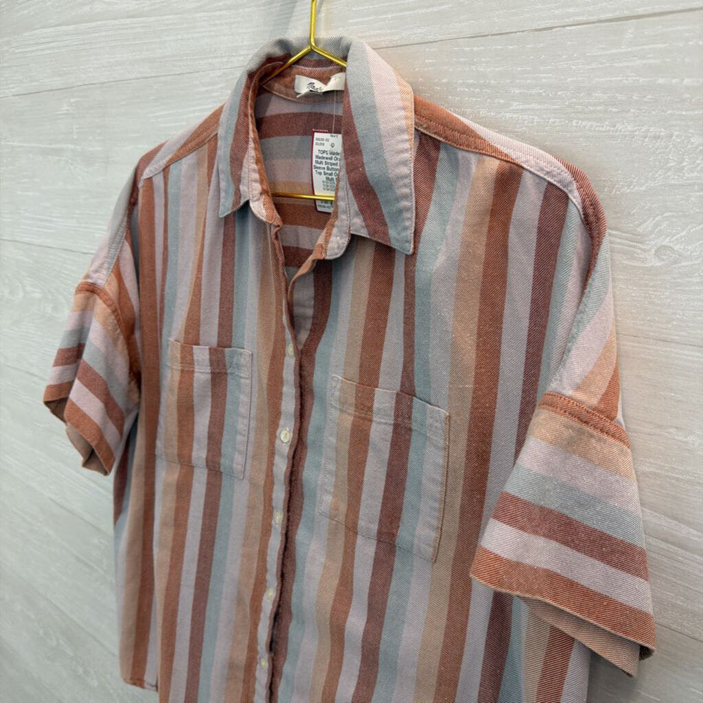 Madewell Orange/ Multi Striped Short Sleeve Button Down Top Small