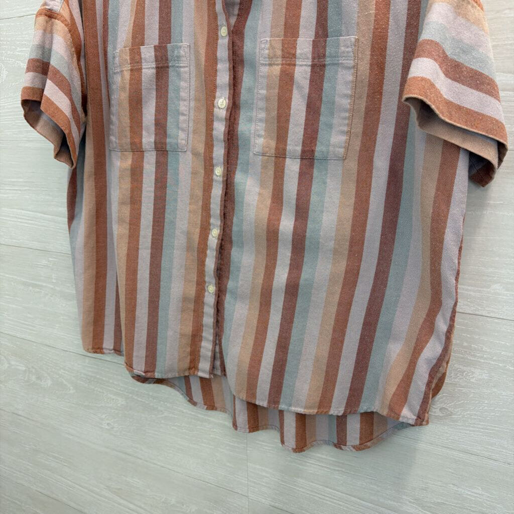 Madewell Orange/ Multi Striped Short Sleeve Button Down Top Small
