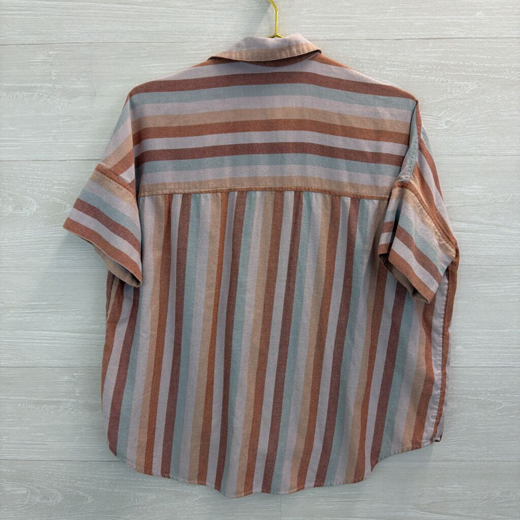 Madewell Orange/ Multi Striped Short Sleeve Button Down Top Small