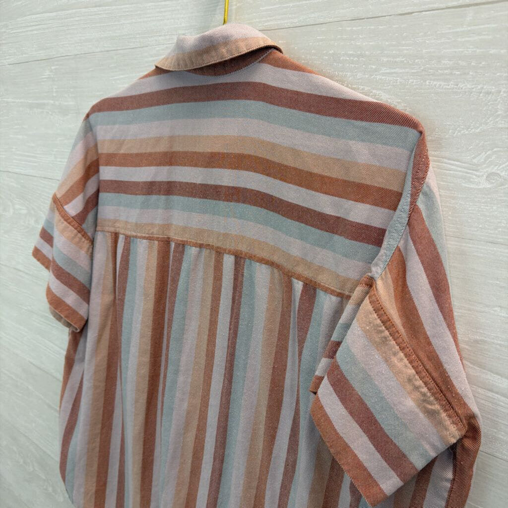 Madewell Orange/ Multi Striped Short Sleeve Button Down Top Small