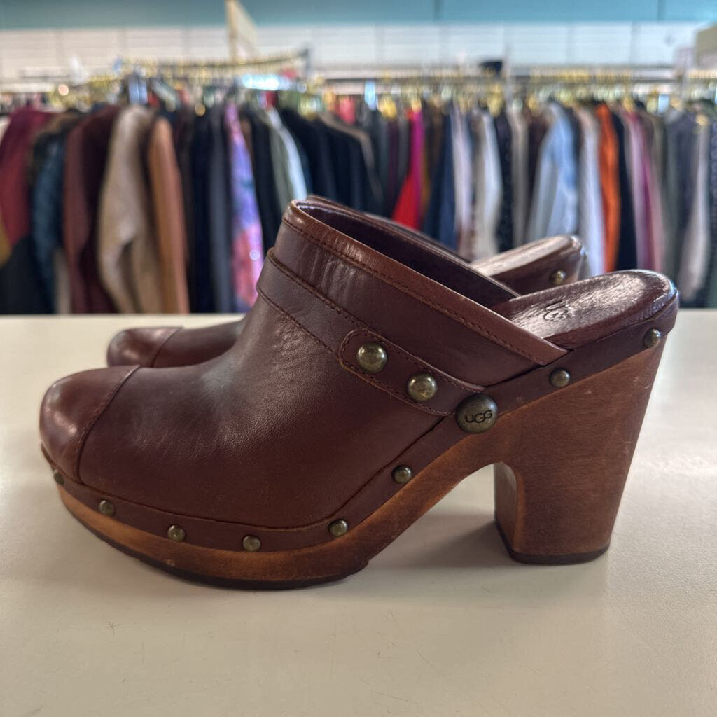 Ugg Jolene Brown Studded Leather Wooden High Heel Mules 10