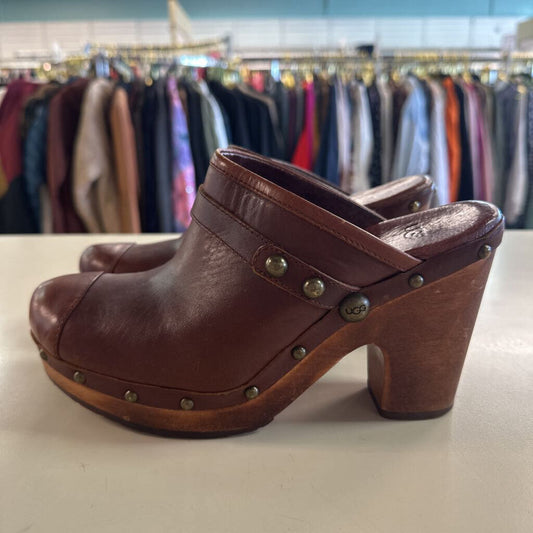 Ugg Jolene Brown Studded Leather Wooden High Heel Mules 10