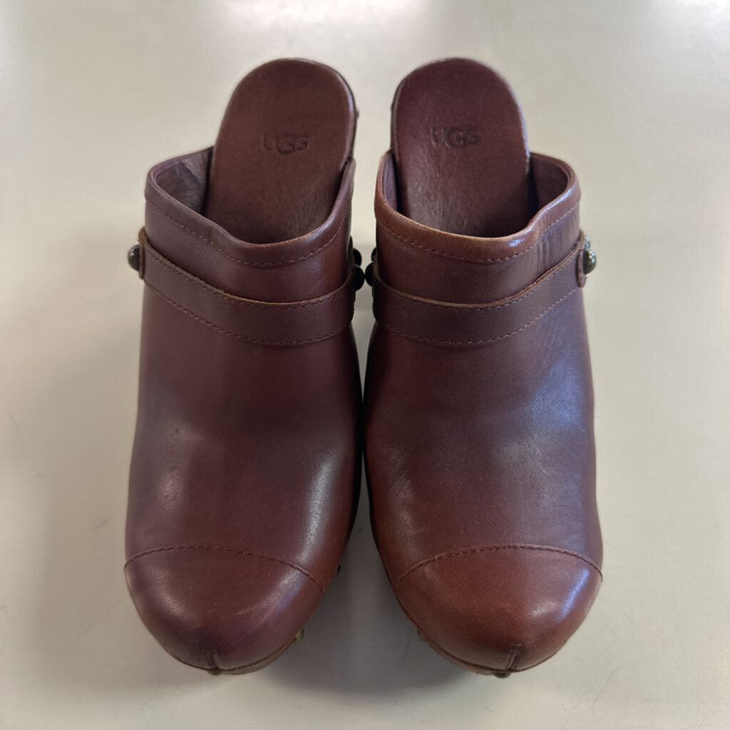Ugg Jolene Brown Studded Leather Wooden High Heel Mules 10
