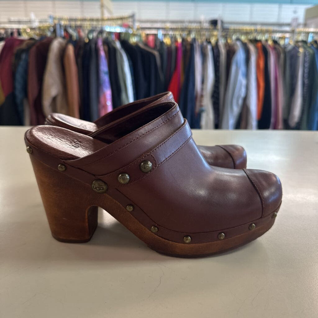 Ugg Jolene Brown Studded Leather Wooden High Heel Mules 10
