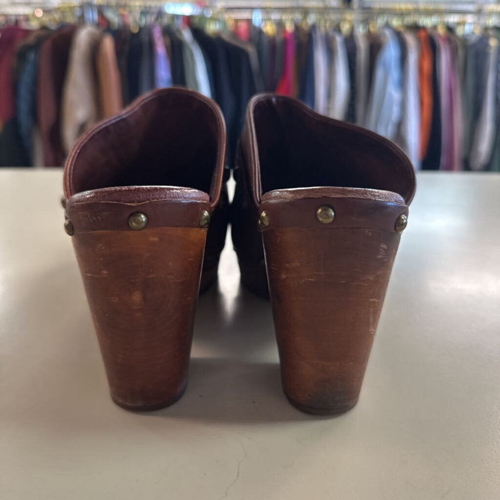 Ugg Jolene Brown Studded Leather Wooden High Heel Mules 10