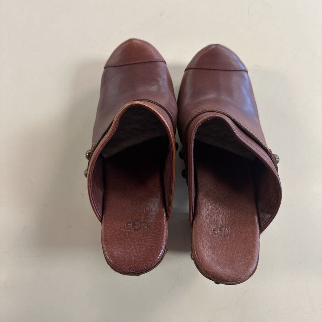 Ugg Jolene Brown Studded Leather Wooden High Heel Mules 10