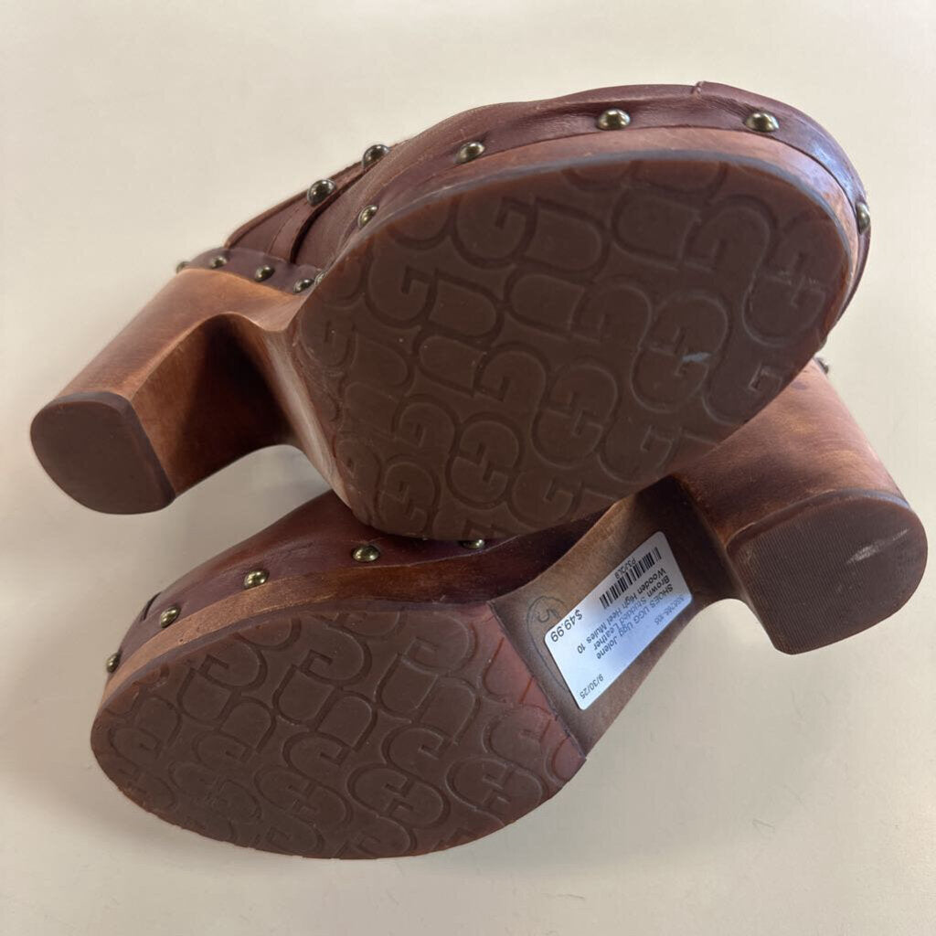 Ugg Jolene Brown Studded Leather Wooden High Heel Mules 10