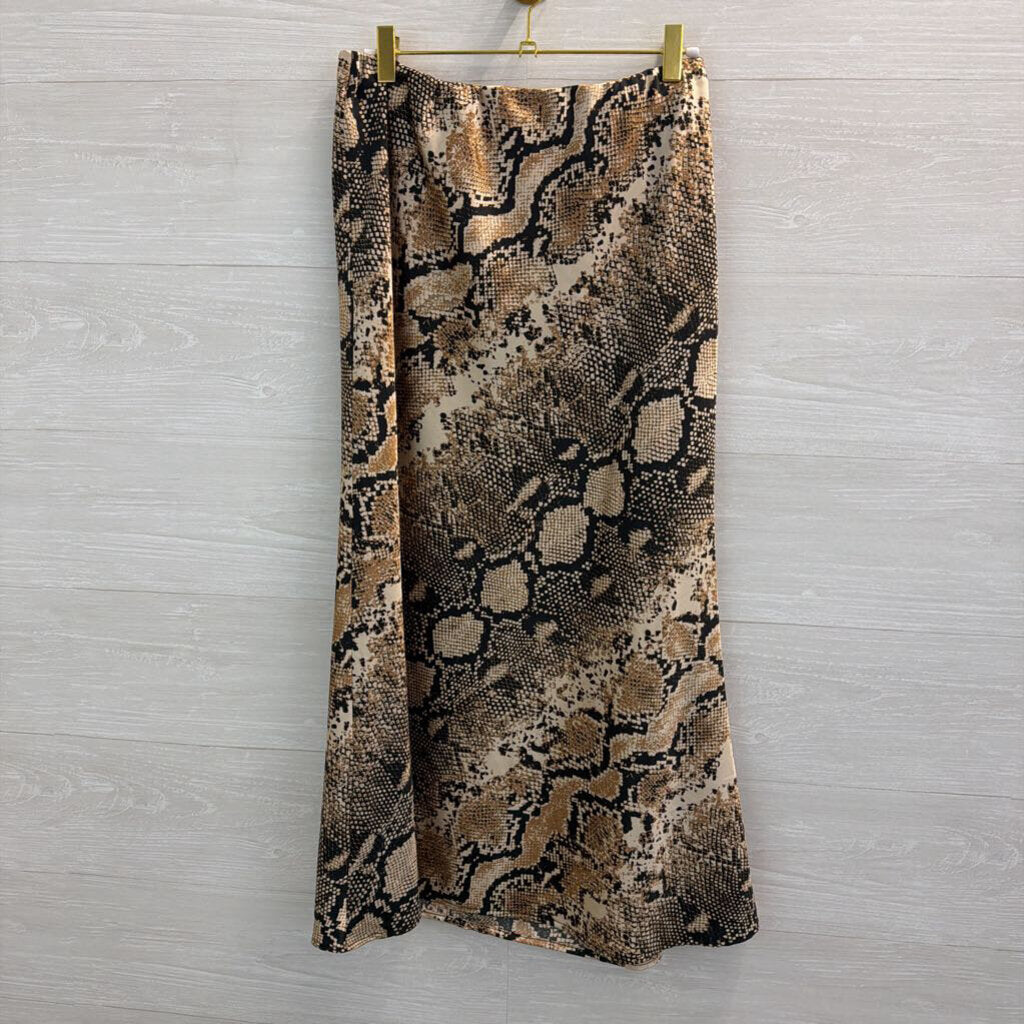 Altar'd State Cream/ Brown Snakeskin Print Silky Midi Skirt Large