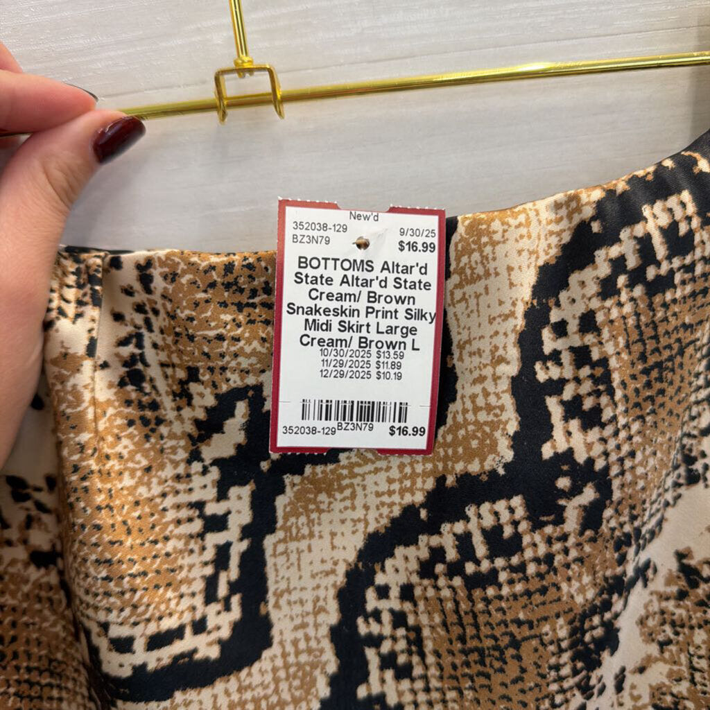Altar'd State Cream/ Brown Snakeskin Print Silky Midi Skirt Large