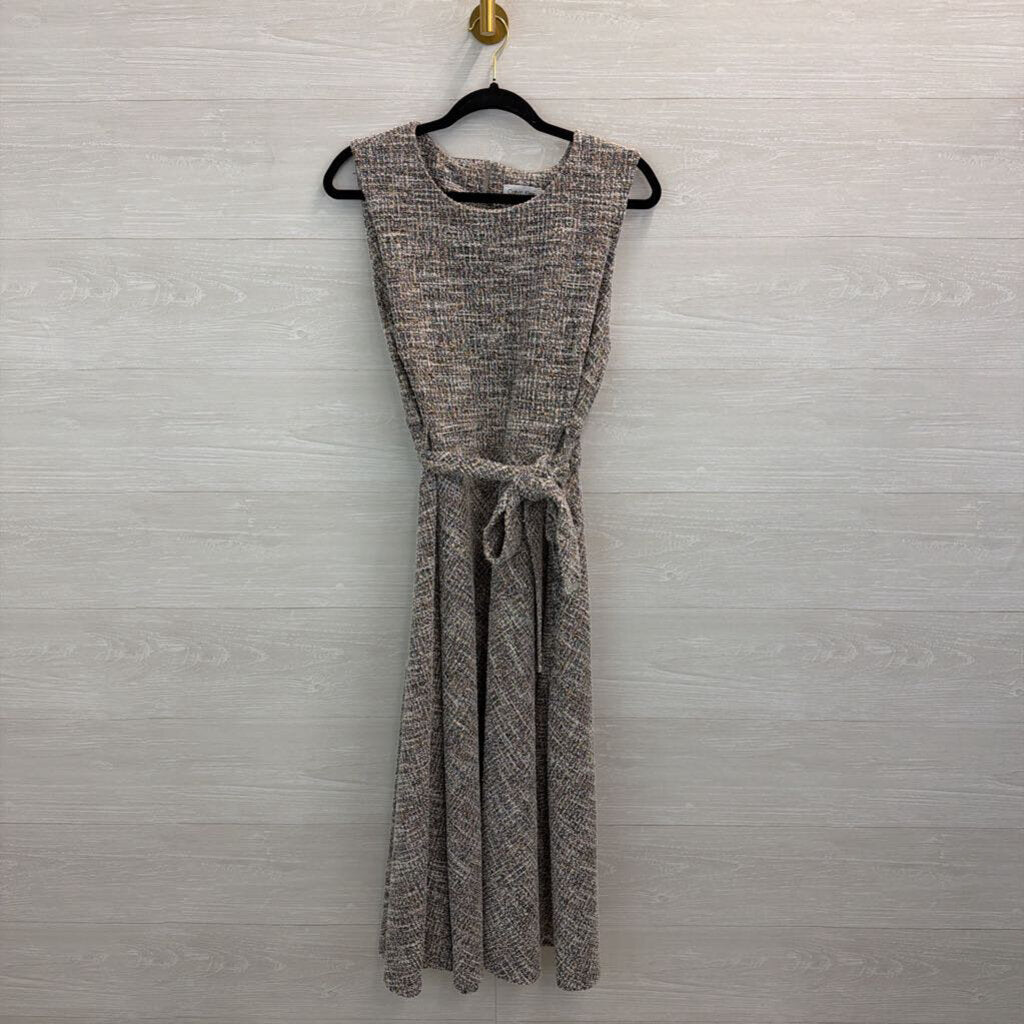 Calvin Klein Black/ White/ Multi Tweed Midi Tie Waist Dress 16
