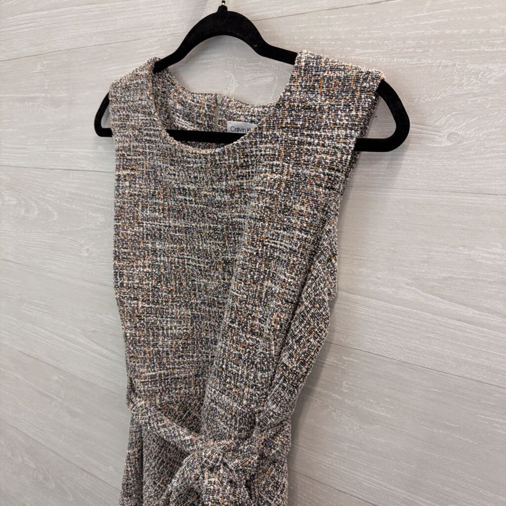 Calvin Klein Black/ White/ Multi Tweed Midi Tie Waist Dress 16