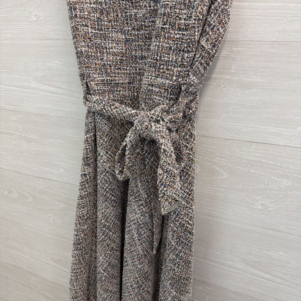 Calvin Klein Black/ White/ Multi Tweed Midi Tie Waist Dress 16