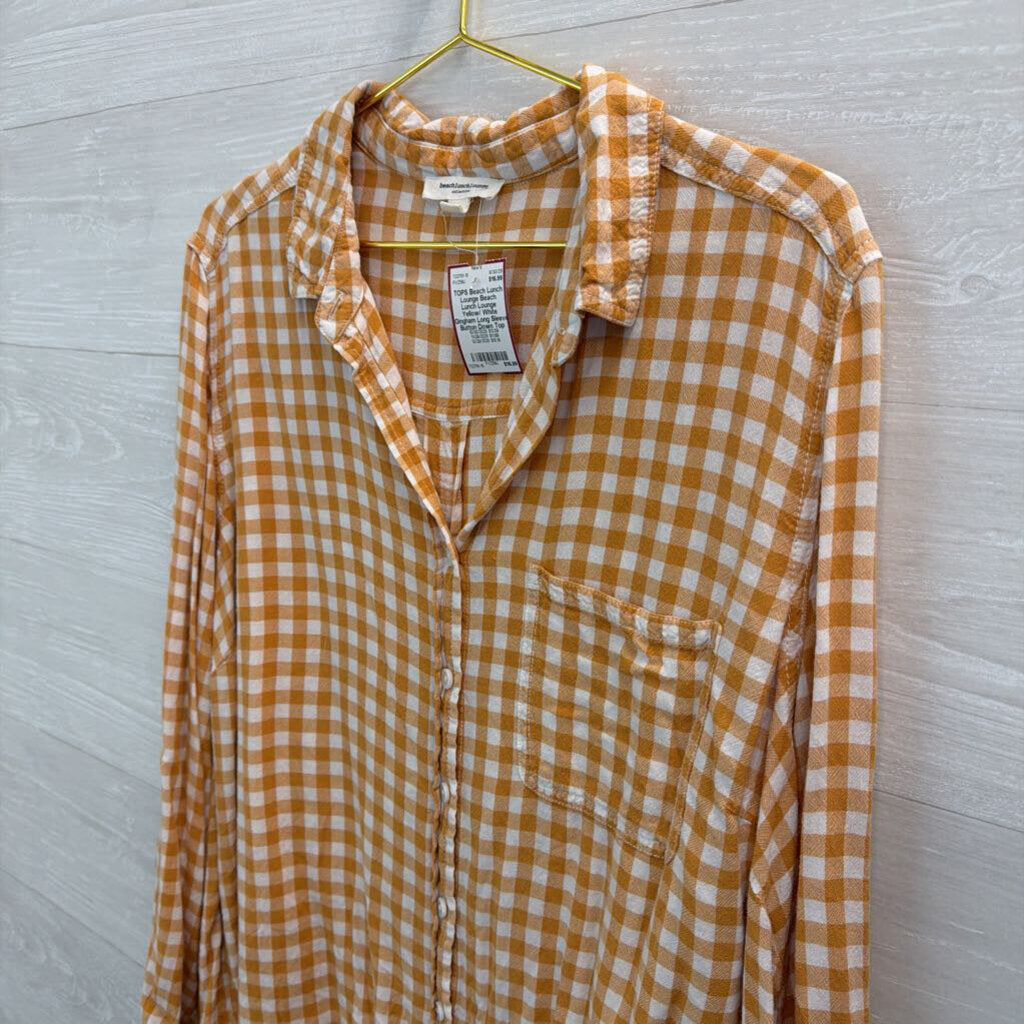 Beach Lunch Lounge Yellow/ White Gingham Long Sleeve Button Down Top 2X