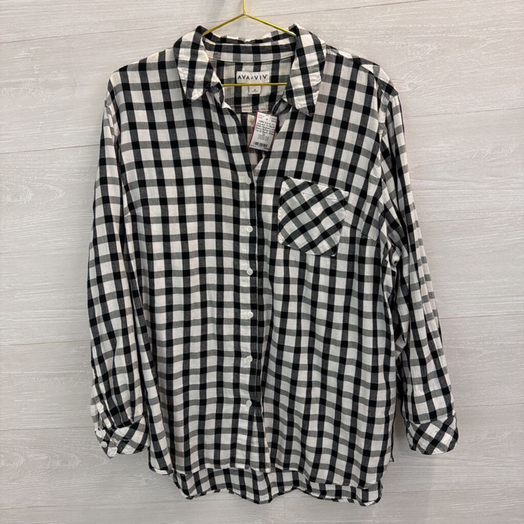Ava and Viv Black/ White Gingham Long Sleeve Button Down Top 2X