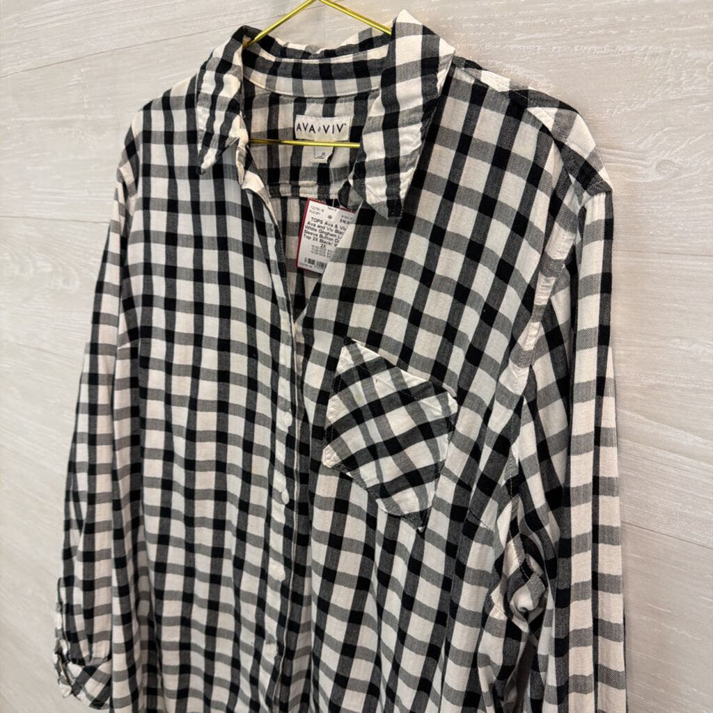 Ava and Viv Black/ White Gingham Long Sleeve Button Down Top 2X