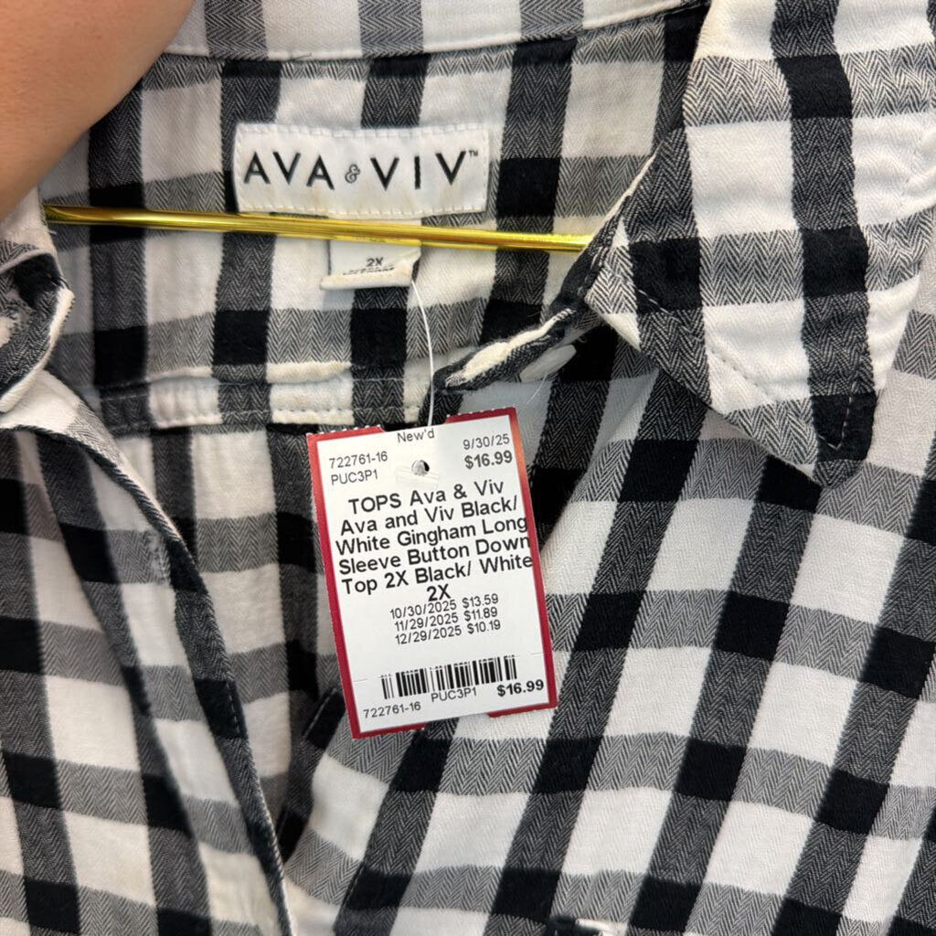 Ava and Viv Black/ White Gingham Long Sleeve Button Down Top 2X