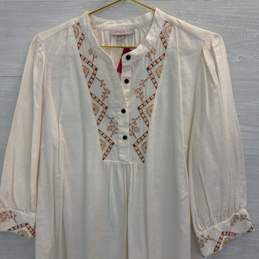 Knox Rose White/ Brown Embroidered Long Sleeve Half Button Front Top Large