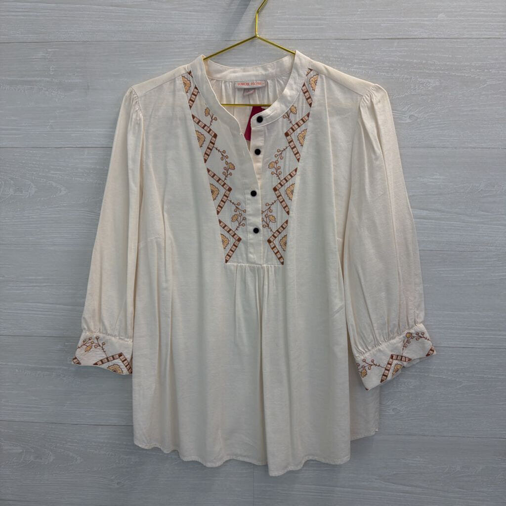 Knox Rose White/ Brown Embroidered Long Sleeve Half Button Front Top Large