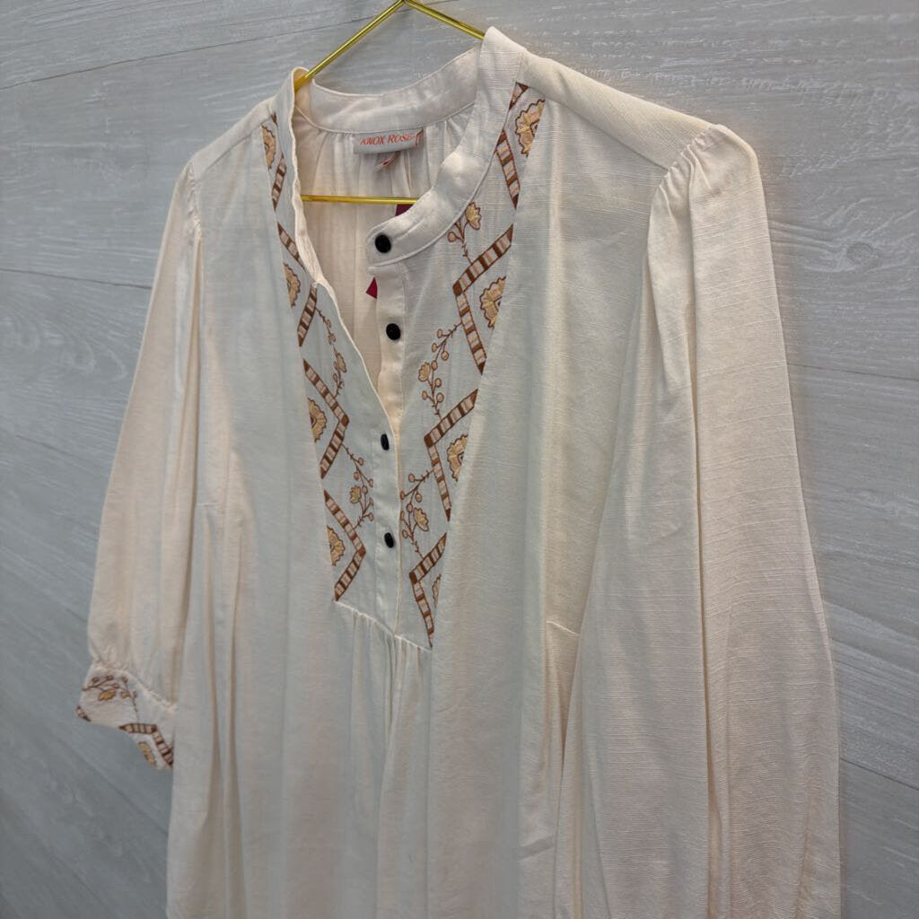 Knox Rose White/ Brown Embroidered Long Sleeve Half Button Front Top Large