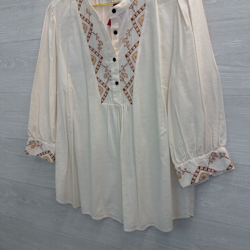 Knox Rose White/ Brown Embroidered Long Sleeve Half Button Front Top Large