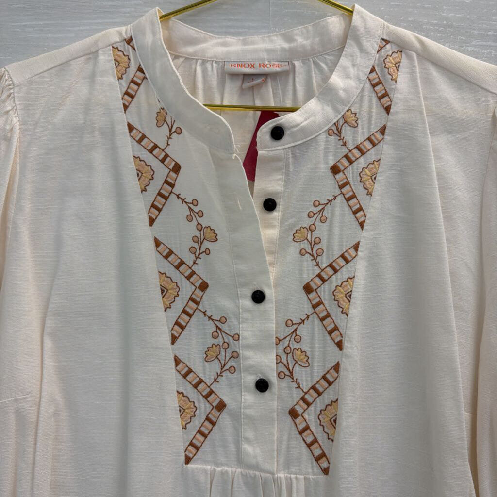 Knox Rose White/ Brown Embroidered Long Sleeve Half Button Front Top Large