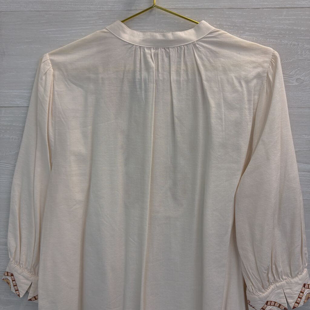 Knox Rose White/ Brown Embroidered Long Sleeve Half Button Front Top Large