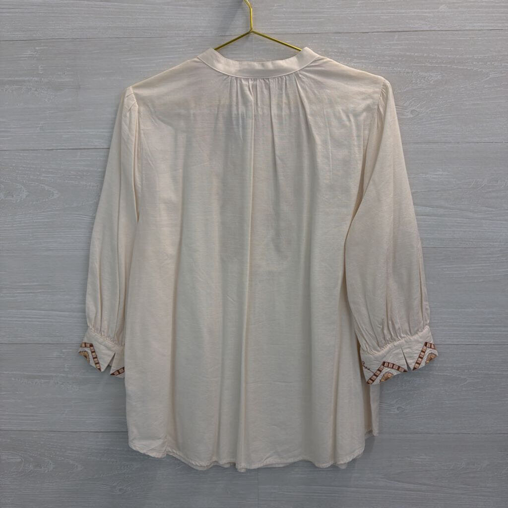Knox Rose White/ Brown Embroidered Long Sleeve Half Button Front Top Large